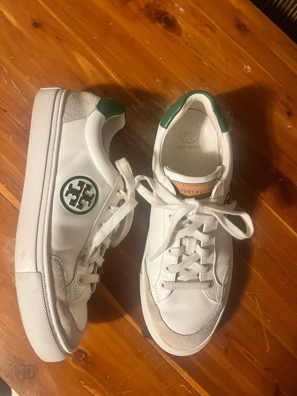 Tory Burch White Leather Sneakers with Green Heel and Beige Suede Toe Cap